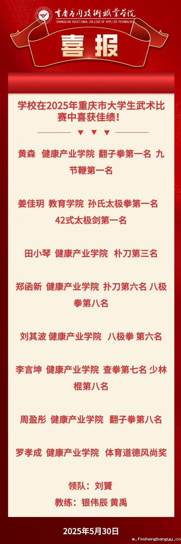 学校在2025年重庆市大学生武术比赛喜获佳绩！